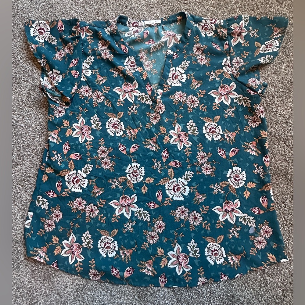 Maurices Teal Floral V-Neck Flutter Sleeve Blouse